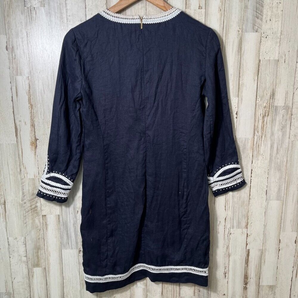 Tory Burch Linen Odelia Contrast Time Navy Blue White Tunic Dress Womens Size 2 - Picture 7 of 9